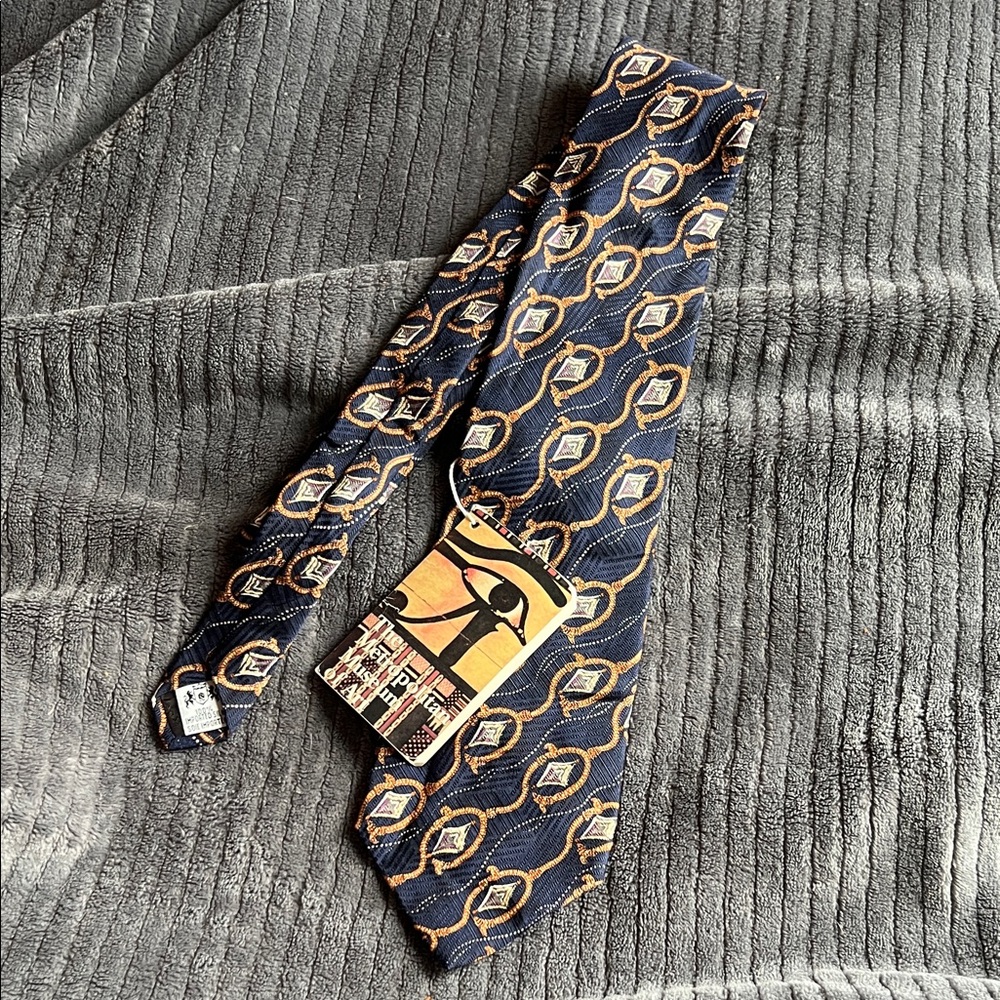 VINTAGE METROPOLITAN MUSEUM OF ART SILK TIE navy/ gold pattern 100% silk 👓 NWT